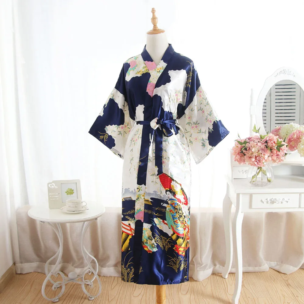 Большие размеры для свадьбы, невесты, подружки невесты ночной халат Женское Кимоно длинное банное платье Ночная рубашка темно-синие искусственные шелковые ночные рубашки пижамы