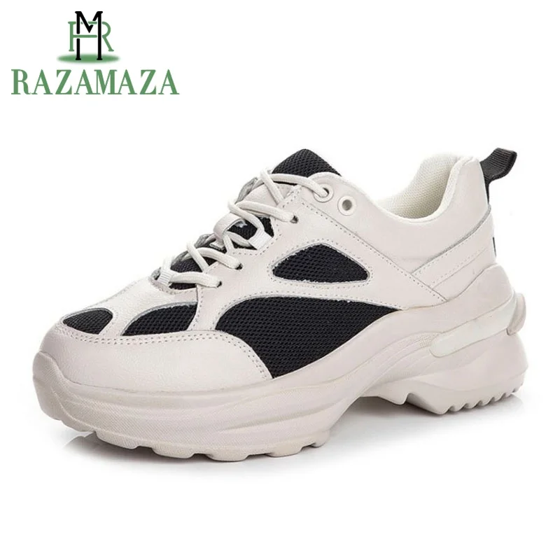 

RAZAMAZA 2019 New Chunky Sneakers Real Leather Women Vulcanized Shoes Casual Shoes Platform Basket Femme Krasovki Size 35-39