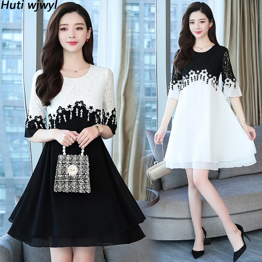 

2019 Vintage 5XL Plus Size Black White Lace Dresses Summer New Solid Chiffon Mini Sundress Women Bodycon Elegant Party Vestidos