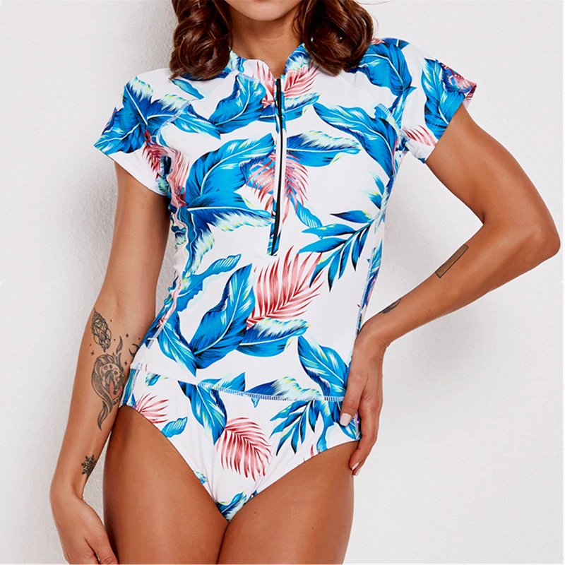 

2019 Zipper Leaf Print Swimwear 1 Piece Swimsuit Women Mayokini High Neck Monokini Surfing Rashguard Swiming Suit Large Size XXL