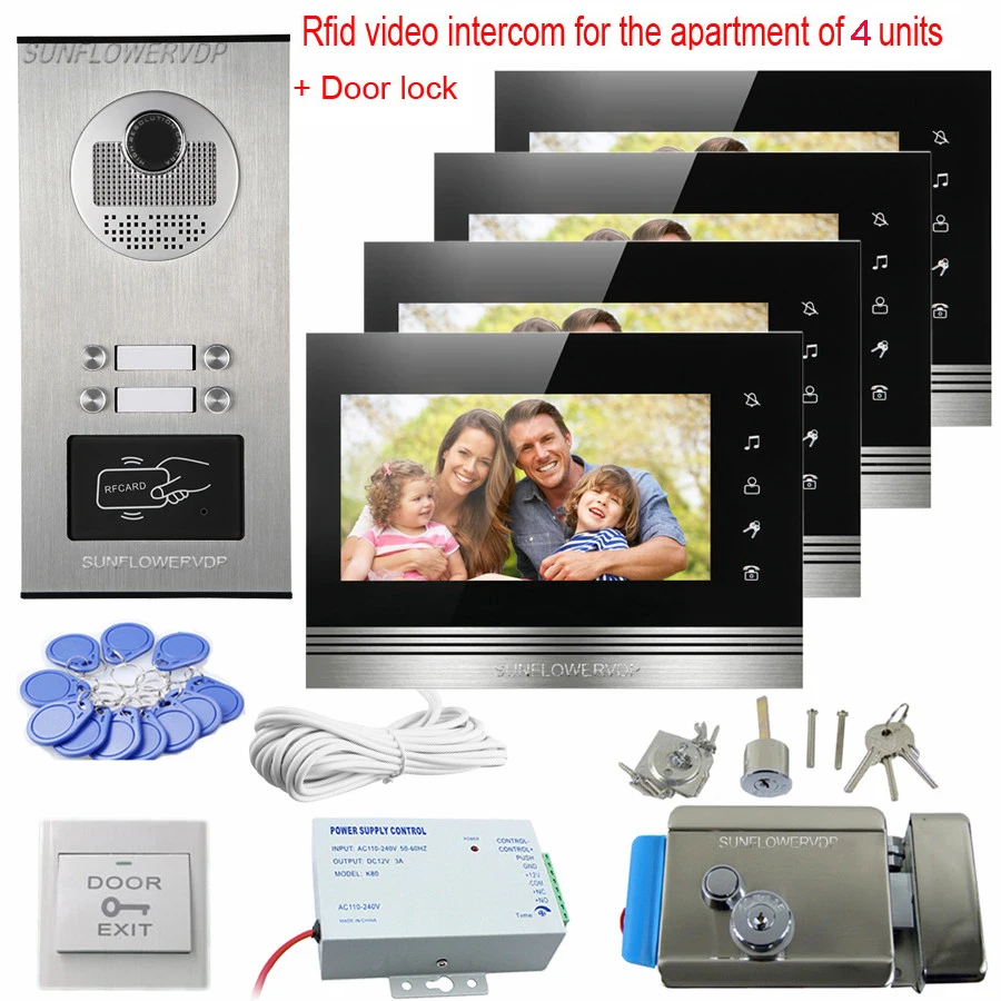 Rfid 4 Call Buttons Wired Home Video Intercom CCD Doorbell With Camera 7\ Color Monitor Video Doorphone Intercom Door With Lock Rfid 4 Call Buttons Wired Home Video Intercom CCD Doorbell With Camera 7\ Color Monitor Video Doorphone Intercom Door With Lock