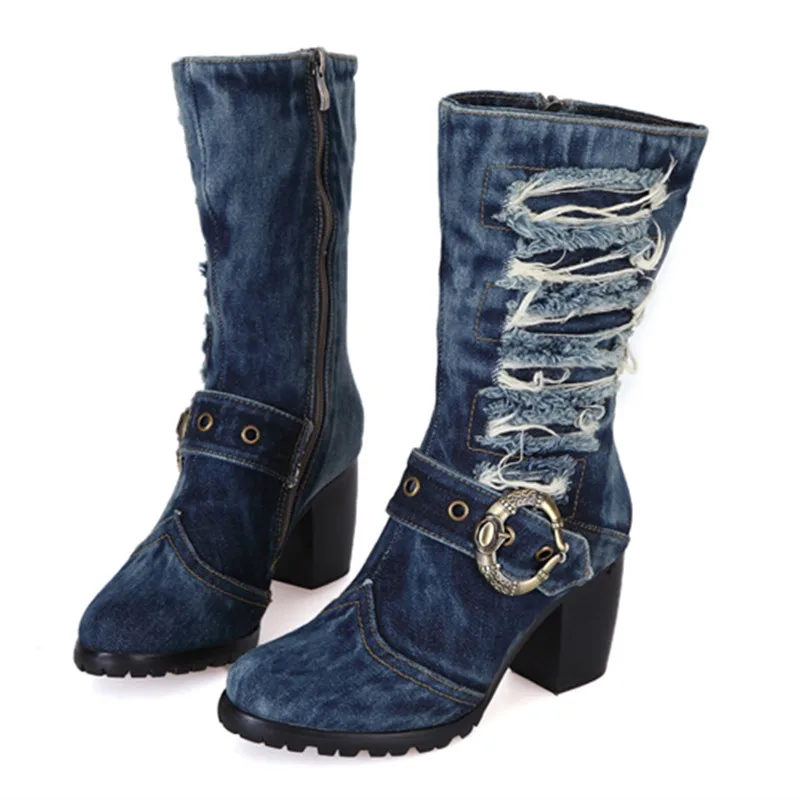 Nieuwe Collectie Hoge Hak Mid-kalf Blue Jeans Laarzen Cool Applicaties Denim Laarzen Voor Vrouwen Korte Cowboy Laarzen Gesp schoenen Vrouw