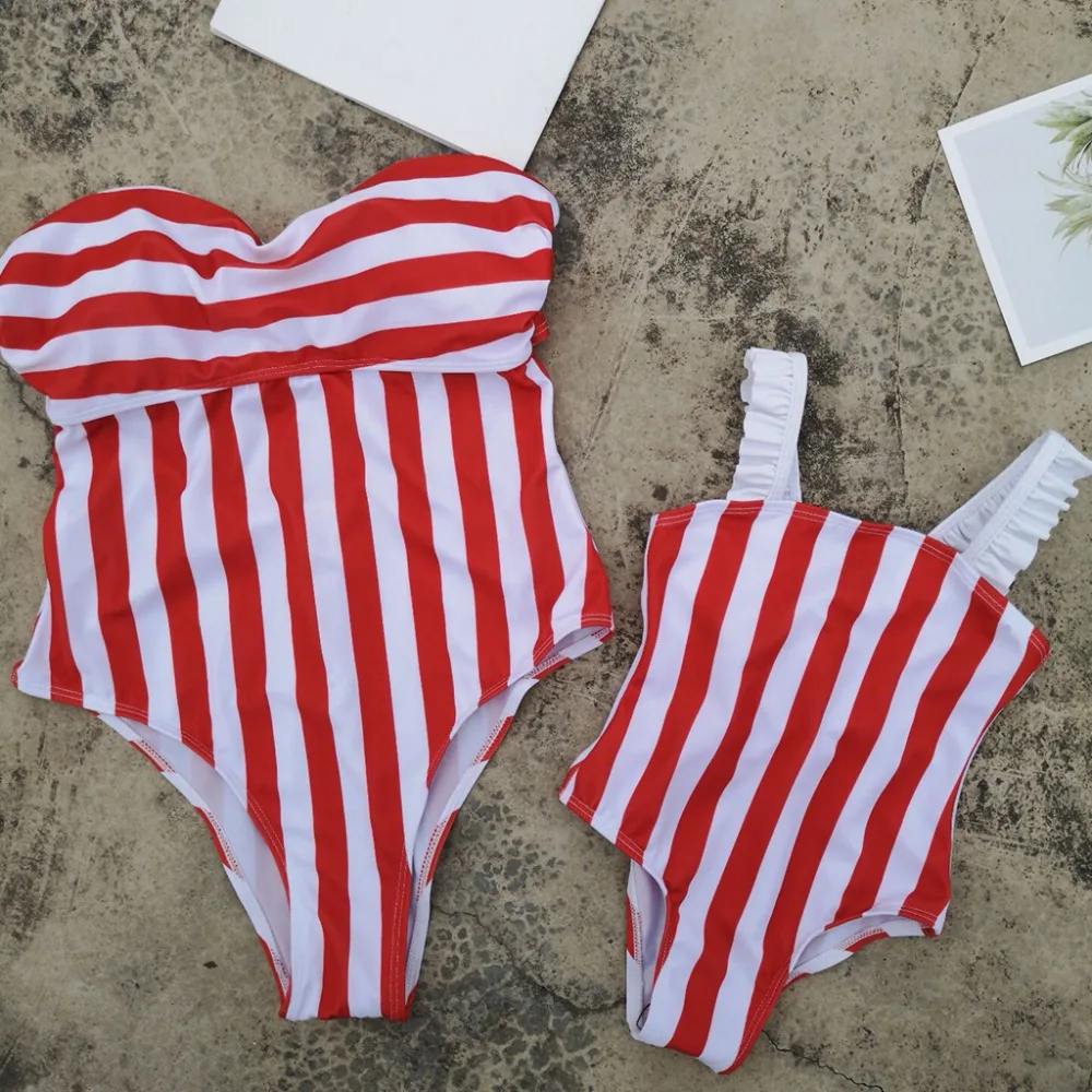 

Striped Mother and Daughter Bikini Swimsuits Family Look Mommy and Me Matching Swimwear Clothes Mom and Girls Bath Dress Outfits