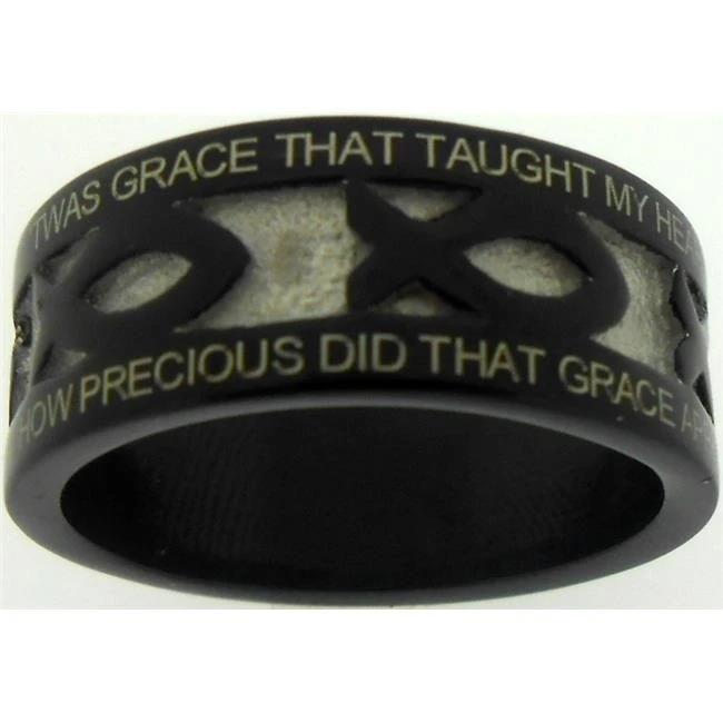 Solid Rock Jewelry 198337 Black Stainless Steel Amazing Grace Ichthus Style 396 Ring - Size 14