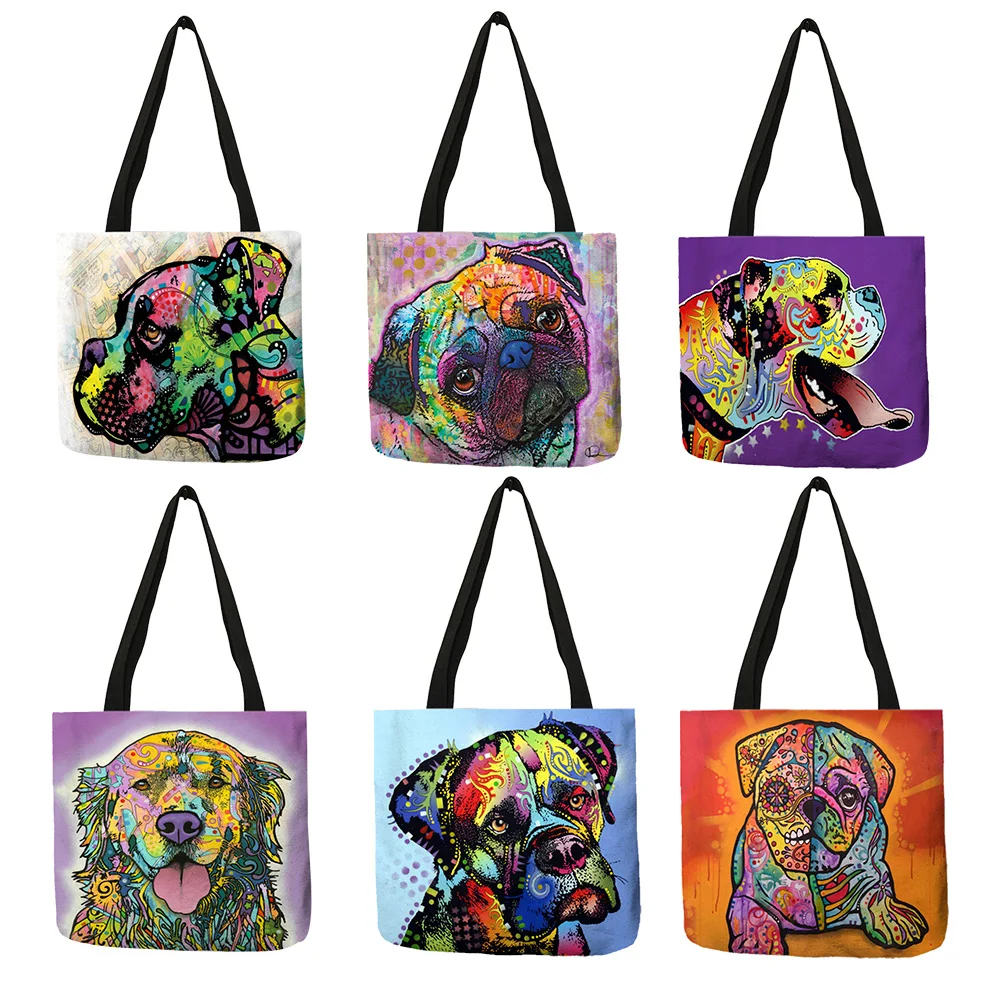 

Personalized Oil Paint Bull Dog Terrier Print Tote Bag Linen Reusable Shopping Bags Women Fabric Handbags Customized Pattern