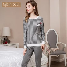 Осенняя Домашняя одежда, Женские повседневные хлопковые Пижамные комплекты, женская футболка с круглым вырезом+ штаны, Женский Пижамный костюм в Вертикальную Полоску