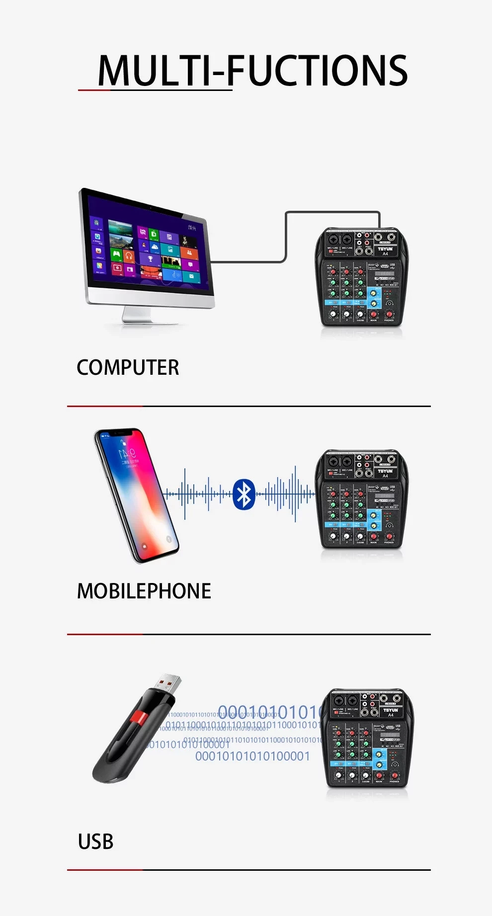 A4 микшерный пульт с Bluetooth записью мини аудио микшер с USB Профессиональный 4 канала DJ караоке KTV встречи