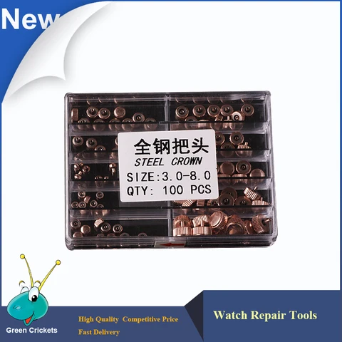 Caixa de Aço Coroas de Relógio Completo Multi-dimensões Rosa Ouro Relógio Replement Parte 3.0-8.0mm Relógios Coroas 100 Pçs –