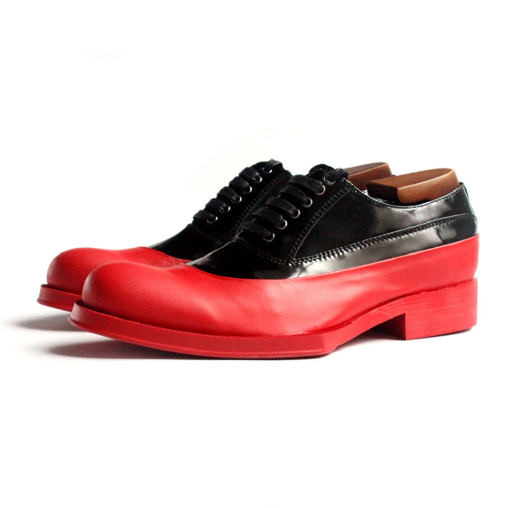 Red Leather Shoes Men Geometric Sole Official Oxford Shoes Red Cowhide Belt Men Shoes 