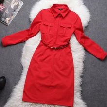 Новинка; Платье До Колена с отложным воротником; цельнокроеное платье с поясом