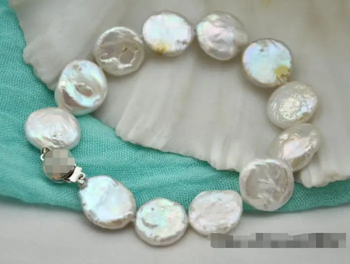 

Free shipping hot sale Women Bridal Wedding Jewelry >>Attractive 8"15mm coin white freshwater pearl bracelet