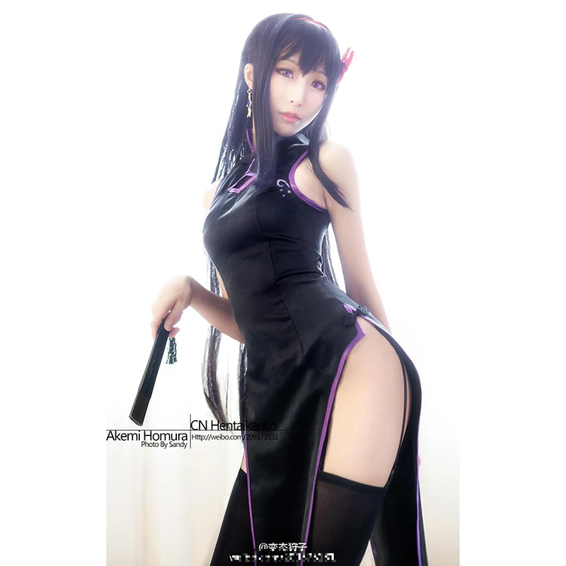 

Magical Girl Kaname Madoka Cheongsam Black Long Sexy Dress+ Headdress Akemi Homura White Dress Cosplay Costume Sexy Dress Women