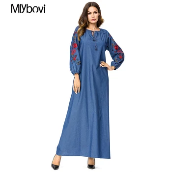 

Navy Casual Embroidery Maxi Dress Muslim Abaya Kimono Stripe Flounce Long Robe Gowns Loose Ramadan Middle East Islamic Clothing