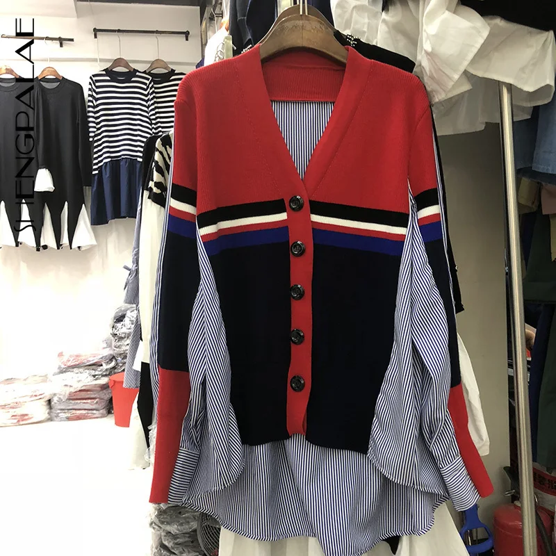 

SHENGPALAE New Summer Winter Korea Style Full Sleeve Patchwork Single Breasted Striped V-neck Loose Women Coat Tide FR123