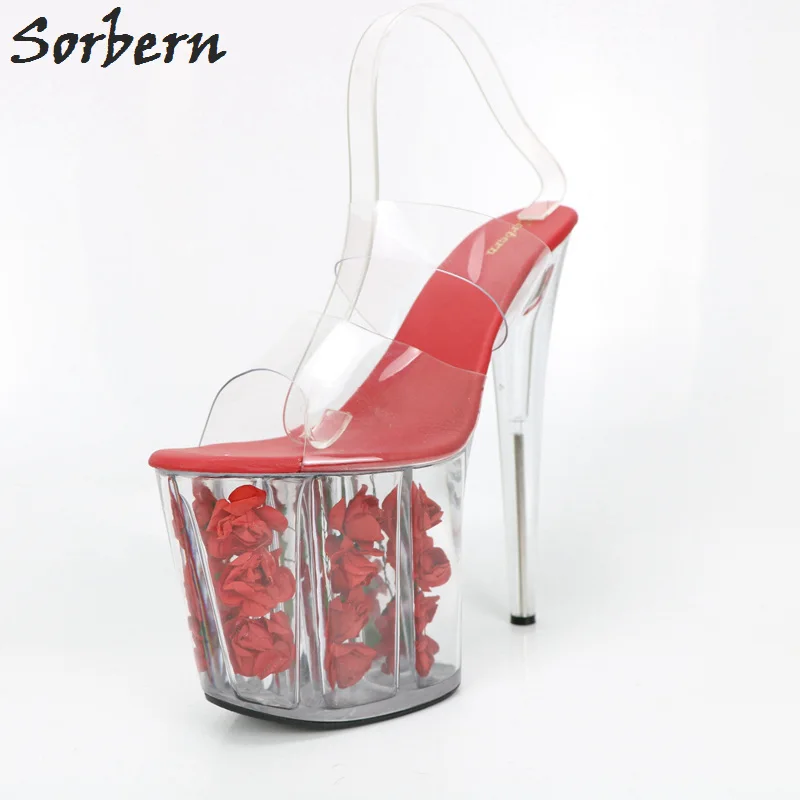

Sorbern Sexy Red Flowers Clear Pvc Women Slippers Super High Heel Fetish Shoes Ladies Summer Shoes For Women Outside Slides 2018