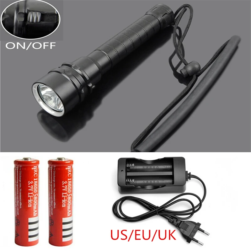 

2000LM CREE XM-L T6 1 Mode LED Diving Flashlight Torch Waterproof Flashlight lamp+ 2x18650 Battery+EU/US/UK Charger