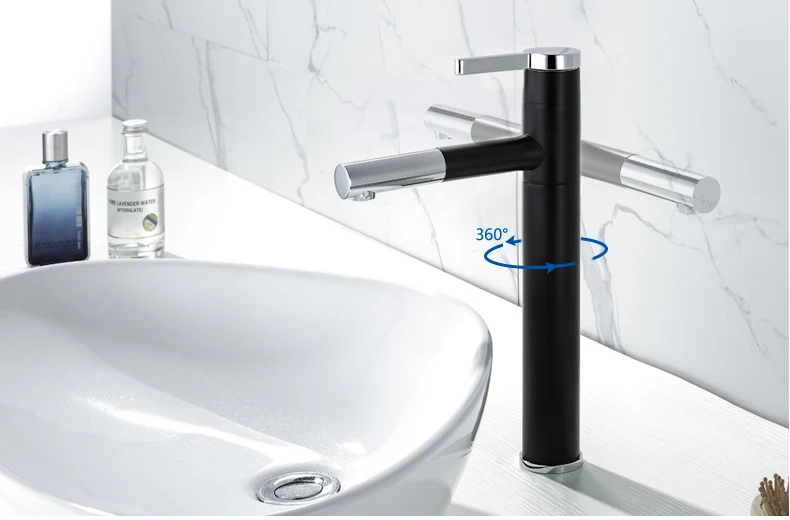 Черный Выдвижной Смеситель для ванной комнаты с высокой дугой, смеситель для горячей и холодной воды, вращающийся на 360 градусов