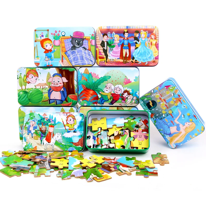 

60pcs/set Cartoon Toy 3D Wood Puzzle Iron Box Package Jigsaw Puzzle for Children Early Educational Montessori Toys