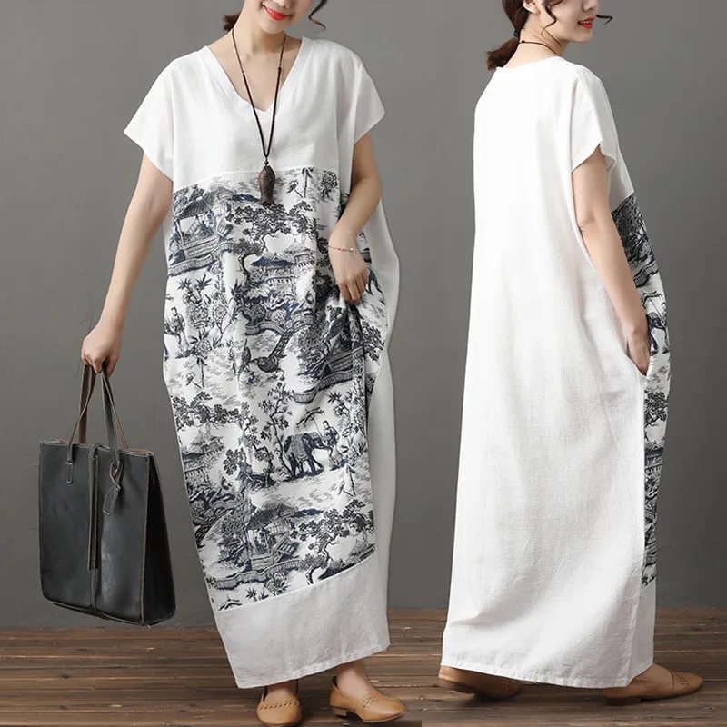

BIG SIZE 5XL Summer Women Vintage Elegant Chinese Mountain Painting Tops Ladies Female Plus Large Big Long Cotton Linen Dresses