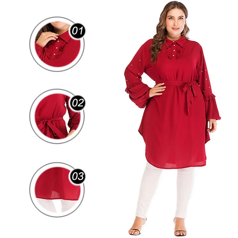 Размера плюс красная с длинным рукавом ОАЭ абайя Дубай мусульманский шифон оборками хиджаб рубашка Женская кимоно блузка Camisas Roupas Feminina