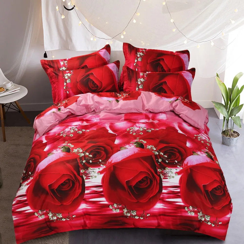 

PAPA&MIMA 3D Red Rose wedding gift 4pcs bedding set luxury 100% Cotton bedsheet Duvet Cover Set pillow cases