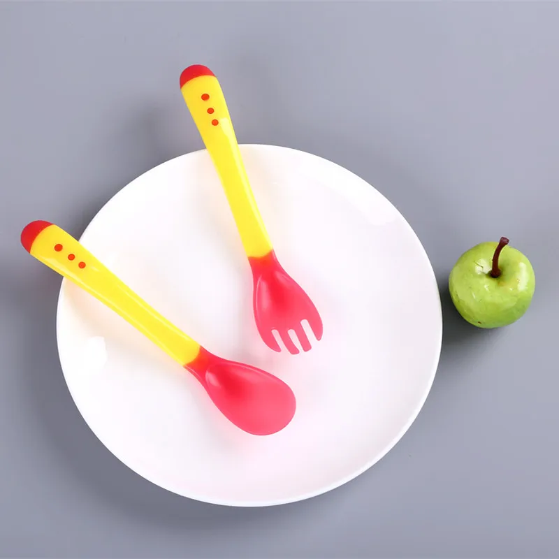 Soft head anti-scalding training spoon fork two sets of newborn temperature sensitive color spoon baby food supplement spoon bab