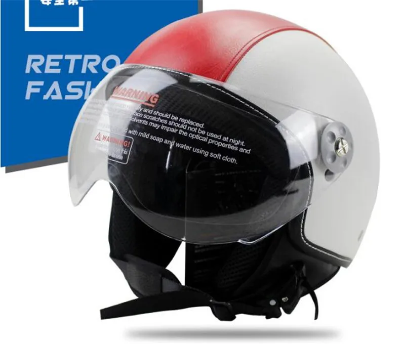 

Free shipping leather Motorcycle Half Face Helmet Vintage Capacete motocross Casco moto electric bicycle safety casco red white