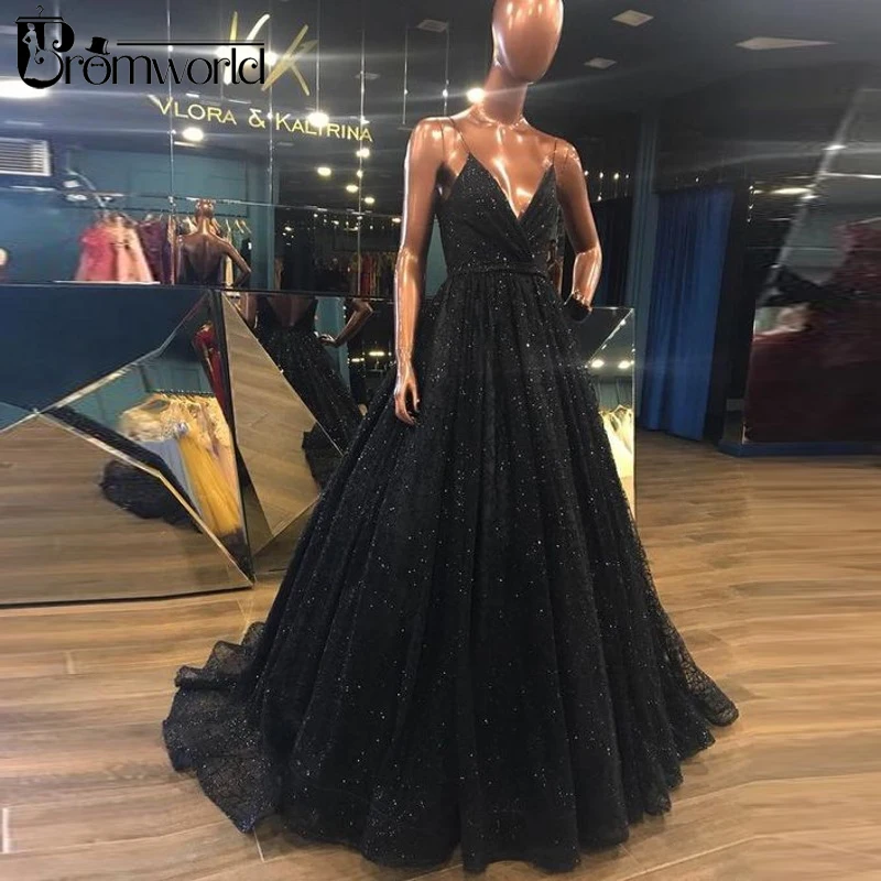 

Black Prom Dresses 2019 Ball Gown Backless Sequined Slit V-Neck Spaghetti Straps Long Prom Gown Real Image Evening Dresses