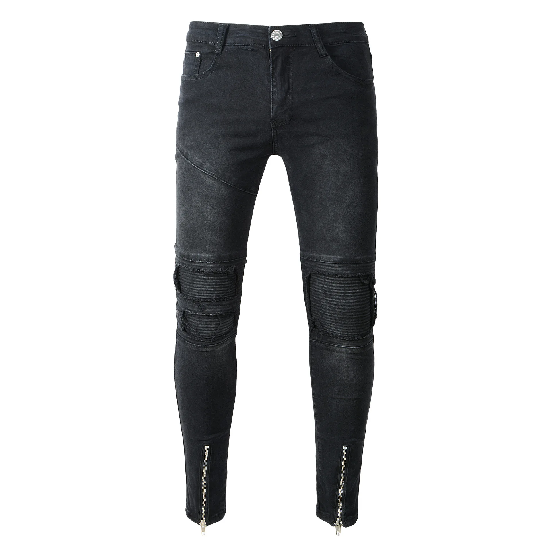 

New Mens Jeans Trousers Slim Denim Straight Fashion High Street Men Jeans Skinny Hole Destroyed Men Ripped Jeans Black Color