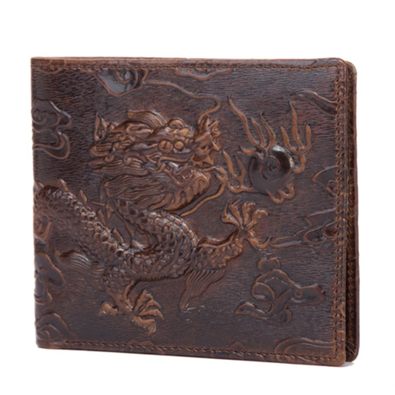 

Men Oil Wax Cowhide Short Wallet Designer Chinese Style Animal Pattern Genuine Leather Money Coin Bags Card Holder Cash Purse