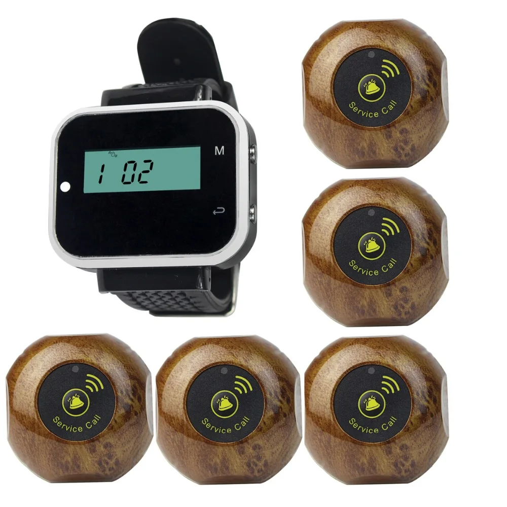

433.92MHz Wireless 5pcs Call Transmitter Button + Watch Receiver for Hospital Hotel Paging System Pager EquipmentF3229A+5F3227F