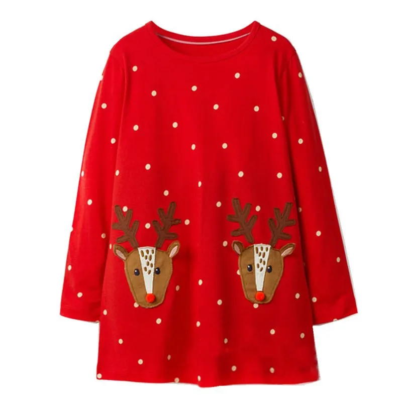 Jumping meter/Детские платья для девочек 18 мес.-6 лет, детское платье с аппликацией оленя, красное платье в горошек с длинными рукавами, рождественское платье для девочек в подарок - Цвет: T7752 red