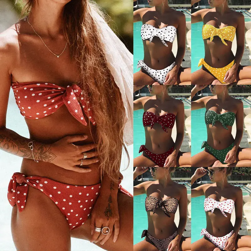 

2019 New Style Fashion Hot Ladies Bikini Set Tops Cut Out Padded Bow Dot Women Swimsuit Low Waist Plus Size