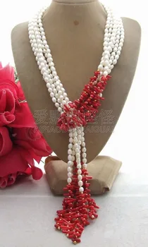 

N081701 3Strands 50" White Pearl Coral Necklace