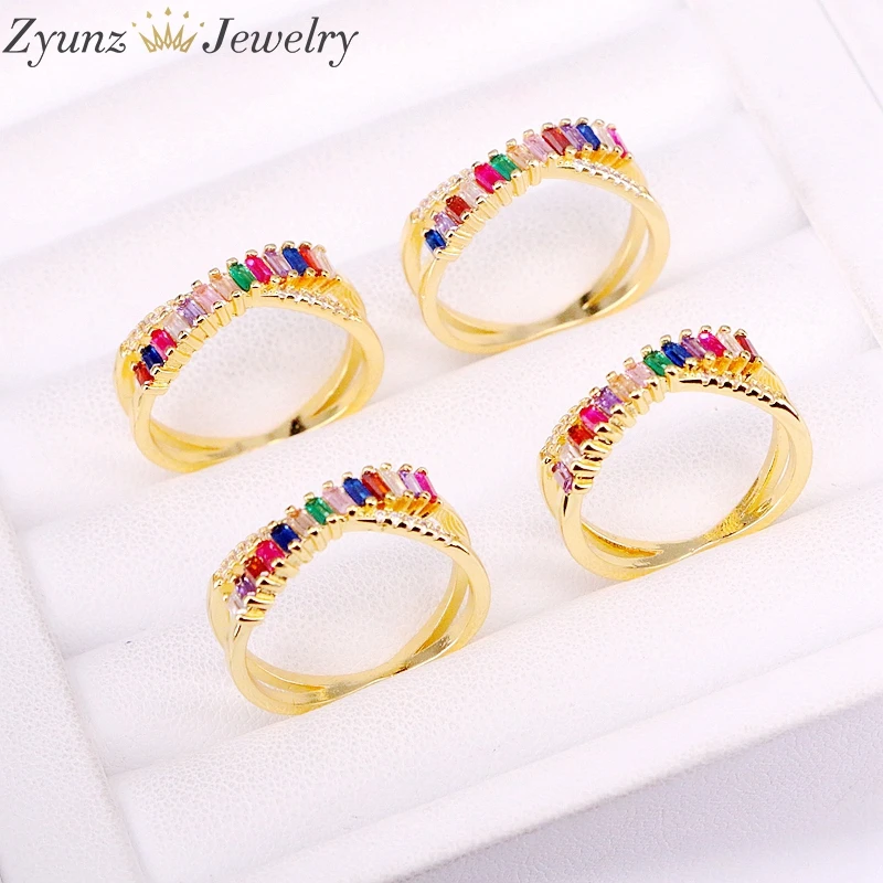 

10PCS, Micro Pave CZ Rings Colorful Jewelry Fashion Rainbow Multi Gold Color Zirconia Crystal Ring For Women Girls