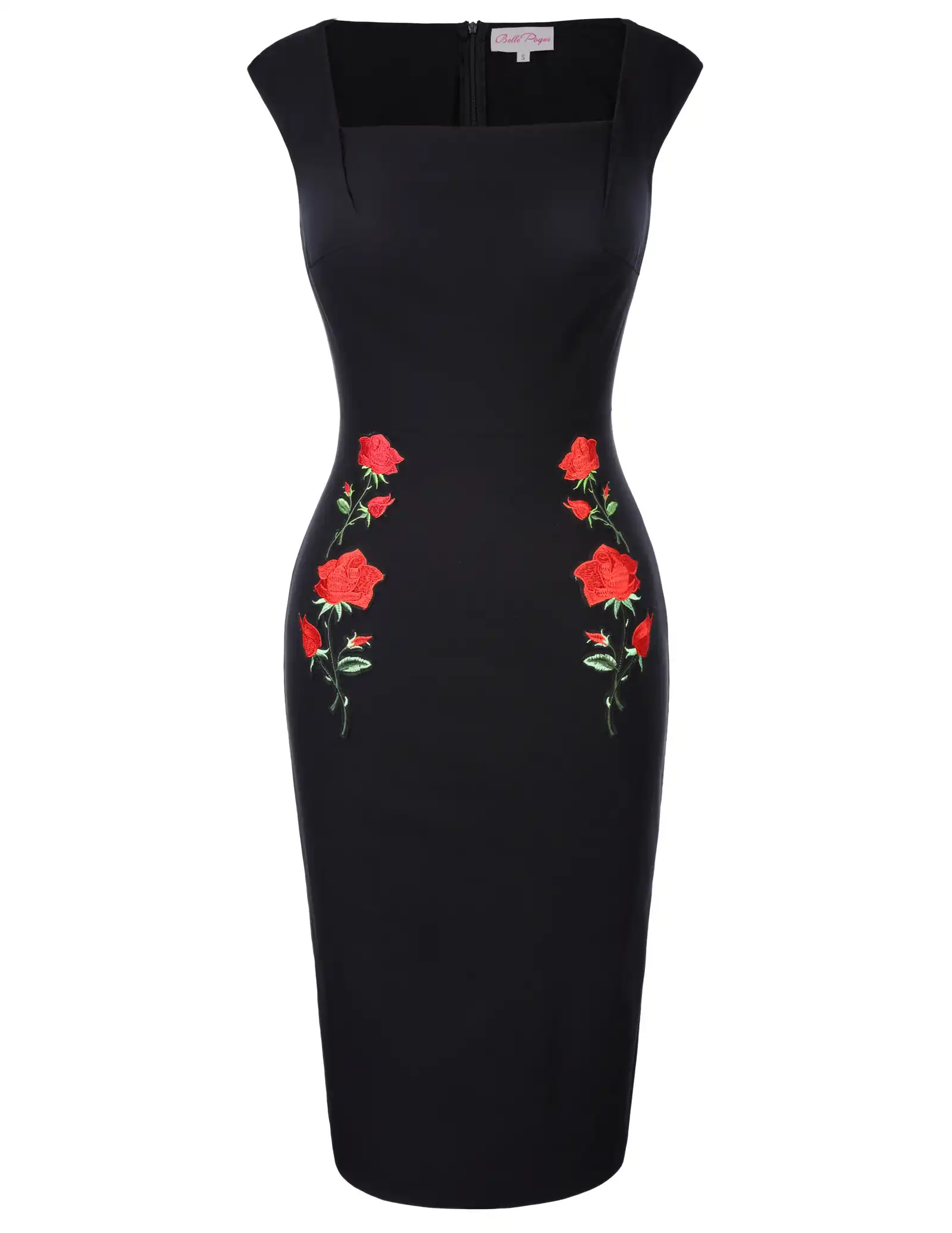 rose black multi embroidered bodycon dress