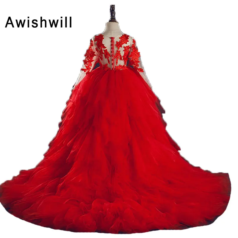 Новое поступление; платья красного цвета с цветочным узором для девочек; кружевные аппликации; платья для девочек на свадьбу, день рождения, вечеринку; детское платье для первого причастия