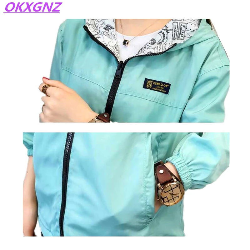 2018 Spring Autumn Women Basic Jacket Pocket Zipper Hooded Two Side Wear Cartoon Print Outwear Loose Coat Windbreaker Female 101 2018 Spring Autumn Women Basic Jacket Pocket Zipper Hooded Two Side Wear Cartoon Print Outwear Loose Coat Windbreaker Female 101