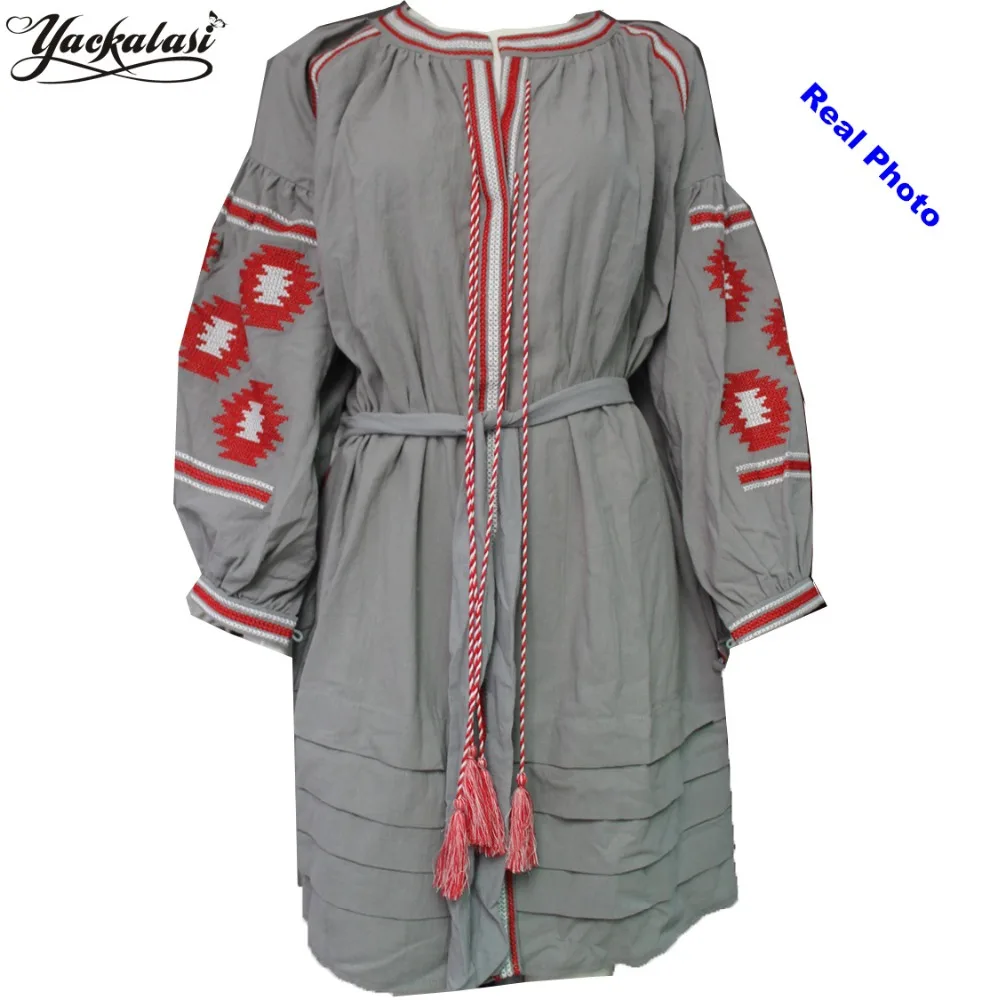 

YACKALASI Women Dress Grey Bohemian Embroidered Casual Vintage Dress Vestidos Garment