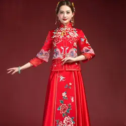 Красный китайский Свадебные Cheongsam традиционный Стиль жениться вечернее платье Вышивка Длинные Qipao Женская Костюмы Размеры S-XXL