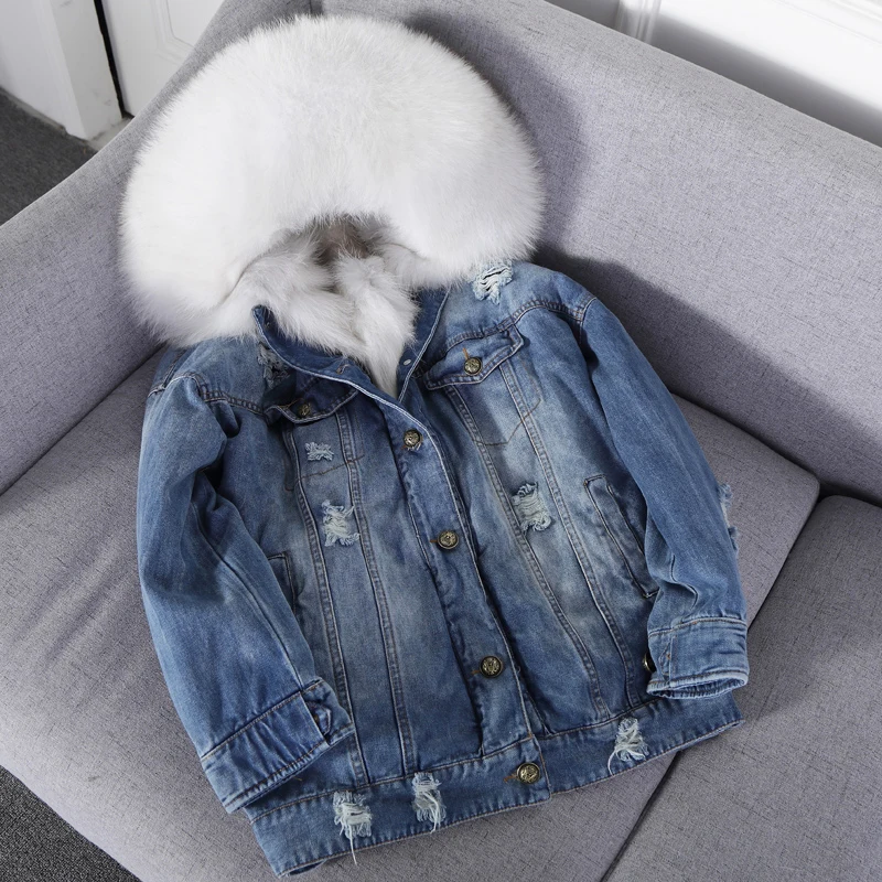 

Furlove2018 Winter Jacket Women Real Fur Coat Parka Real raccoon collar natural fox liner bomber Denim jacket Streetwear fashion