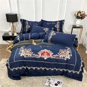 

Blue Luxury Royal Embroidery 60S Egyptian cotton Palace Bedding Set Duvet Cover Bed Sheet/Linen Pillowcases Queen King Size 4pcs