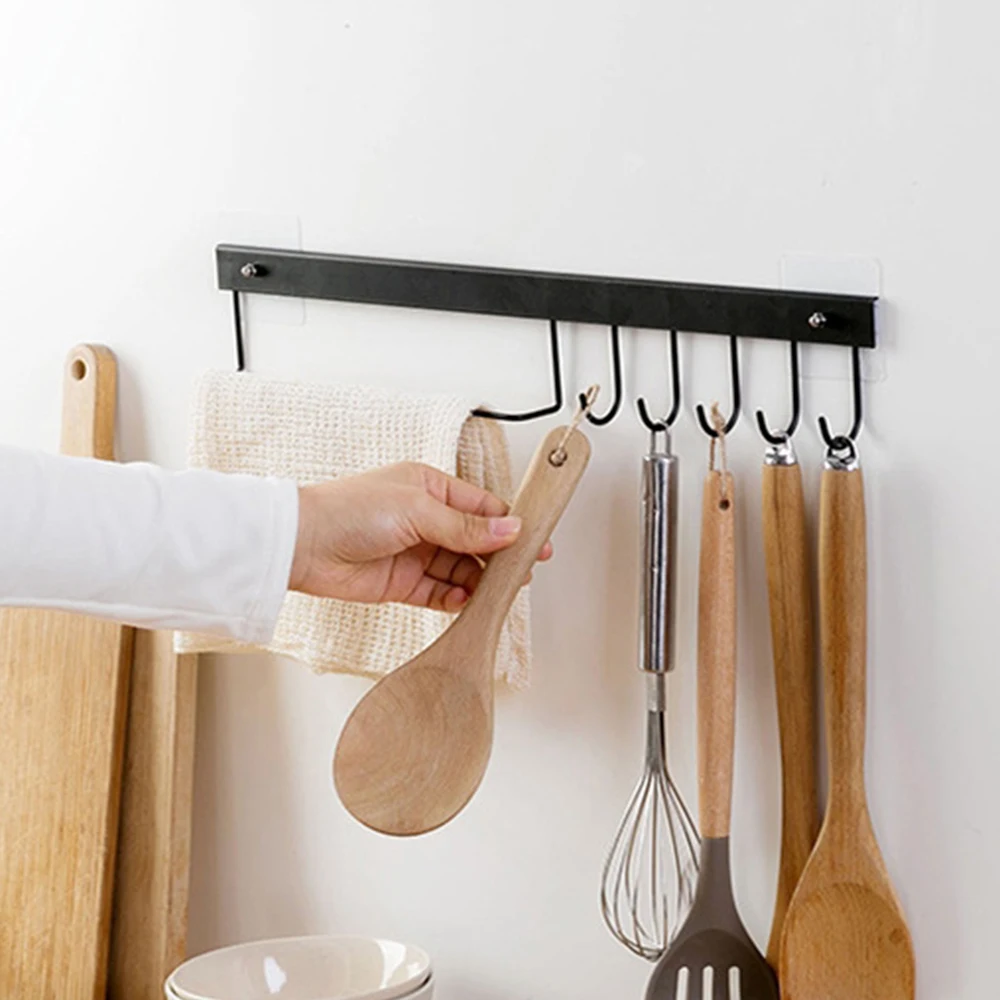 

1PC Multi-function Wall Mounted Hooks Rack No Drilling Hook Rod Iron Hanging Clothes Utensil Holder Rack For Kitchen Bathroom
