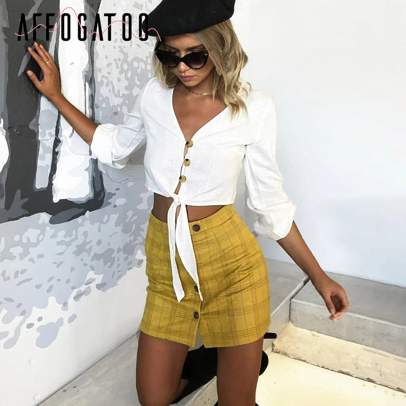 Affogatoo Button yellow bodycon pencil skirts womens Casual plaid mini skirt female A line high waist winter skirt short 2018 Skirts