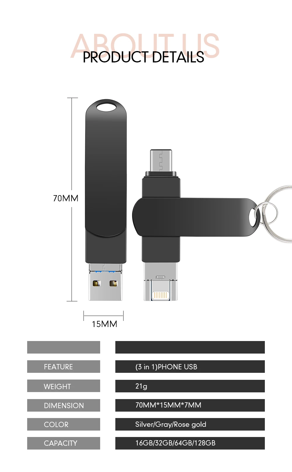 usb 3 in 1 Pendrive for iPhone/Android/notebook USB Flash Drive 128GB 64GB 32GB 16GB 8GB flash Pen Drive with key ring