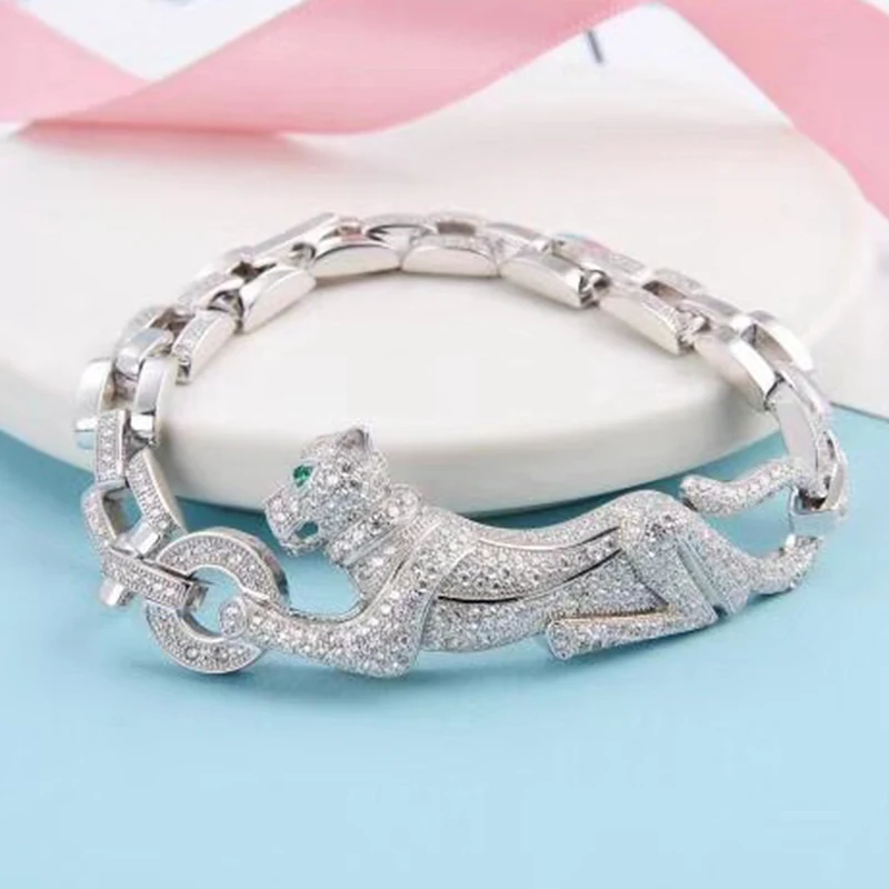 

Hot Brand Pure 925 Sterling Silver Jewelry For Women Panther Bangle Full Stone Leopard Bangle Wedding Jewelry Big Chain Bracelet