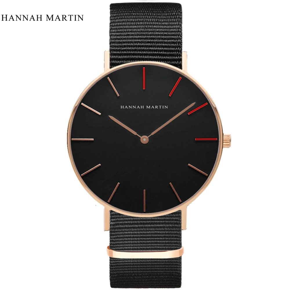 Дизайн HANNAH Martin женские часы для женщин мужские лучшие брендовые роскошные розовые модные повседневные кварцевые кожаные часы с нейлоновым ремешком