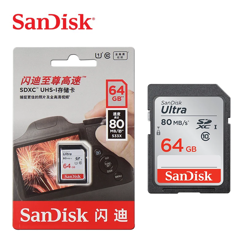 Двойной Флеш-накопитель SanDisk Ultra SD карта 32 Гб SDHC карты памяти 64 Гб 128 ГБ SDXC C10 USH-I 16 ГБ флеш-карта, видео в формате Full HD для цифровой Камера 80 МБ/с