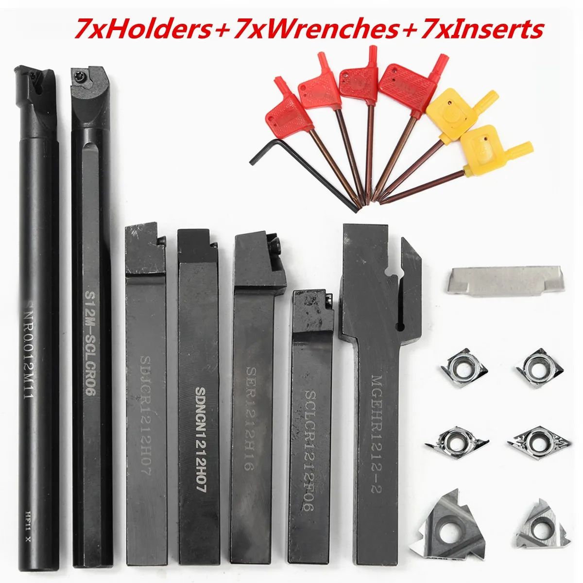 

21Pcs/Set 12mm Shank Lathe Turning Tool Holder Boring Bar+ DCMT CCMT Carbide Insert + Wrench