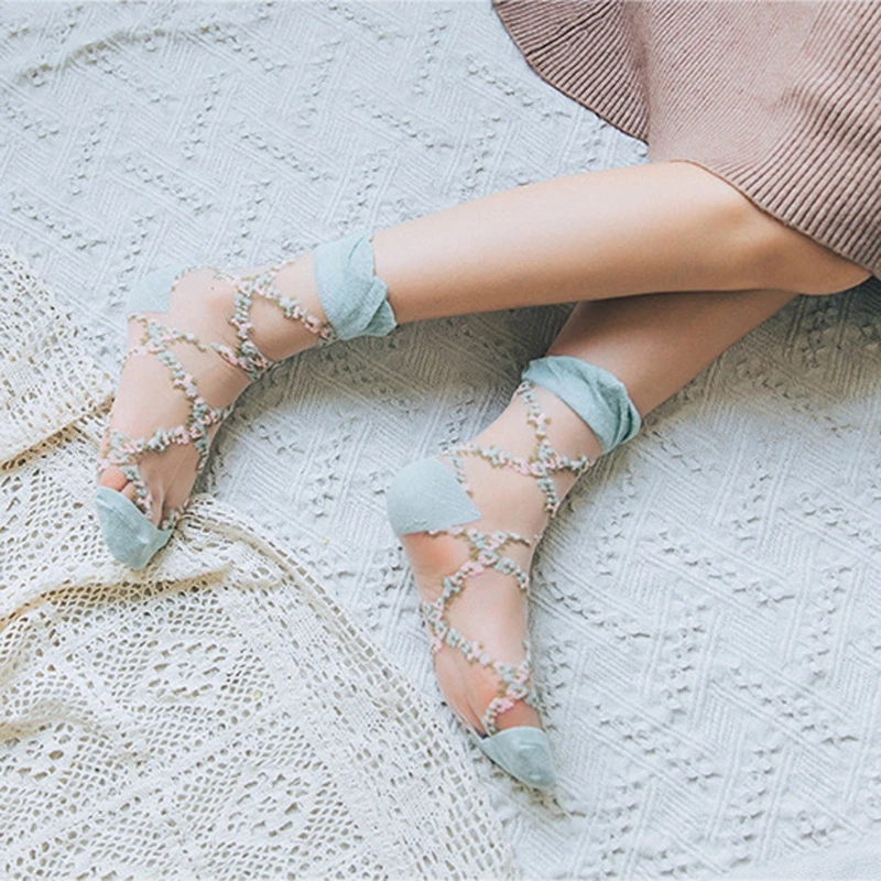 

Lady Girls Spring Flower Knit Frill Trim Long Ankle Stockings Transparent Mesh Thin
